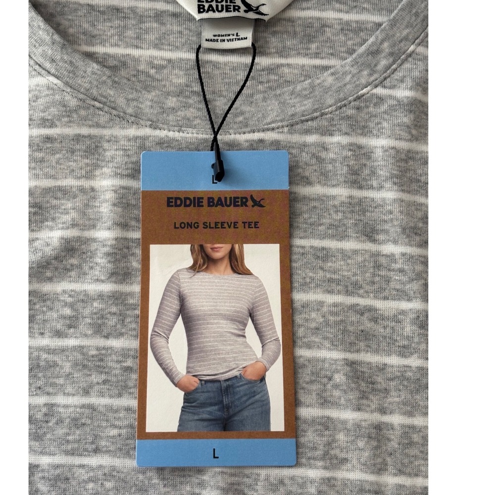 Eddie Bauer Long Sleeve Tee Women Large Grey Striped Casual NEW w/ tag